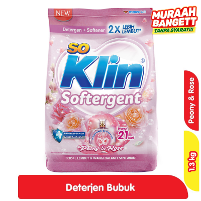 Promo So Klin Softergent Detergen Bubuk + Pelembut Pakaian Peony & Rose 1.3 kg Alfamart