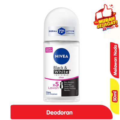 Promo Nivea Black & White Invisible Clear Deodoran Roll On 50 ml Alfamart