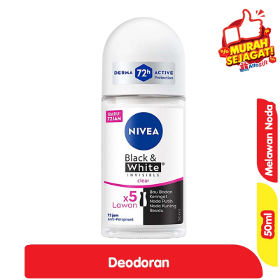 Promo Nivea Black & White Invisible Clear Deodoran Roll On 50 ml Alfamart