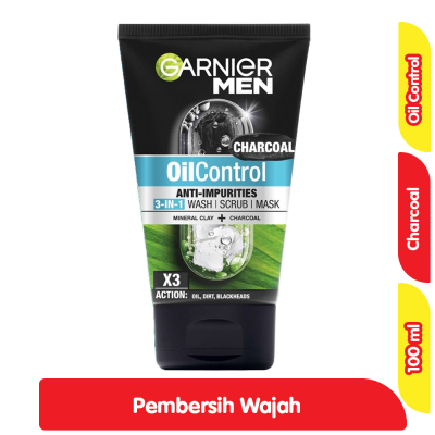 Promo Garnier Men Oil Control Pembersih Wajah 3 in 1 Charcoal Anti Komedo 100 ml Alfamart