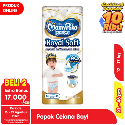 Promo MamyPoko Royal Soft Organic Cotton Popok Celana Bayi Boys XL 46 pcs Alfamart
