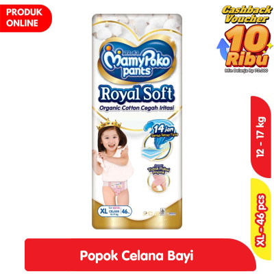 Promo MamyPoko Royal Soft Organic Cotton Popok Celana Bayi Girls XL 46 pcs Alfamart