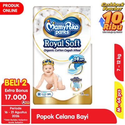 Promo MamyPoko Royal Soft Organic Cotton Popok Celana Bayi Boys M 64 pcs Alfamart