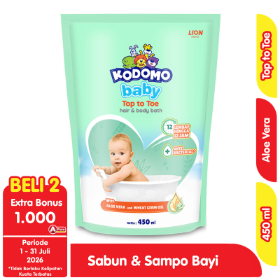 Promo Kodomo Baby Sabun Mandi & Sampo Bayi Aloe Vera & Wheat Germ Oil Refill 450 ml Alfamart
