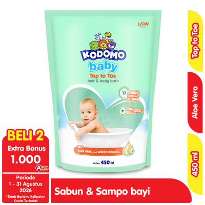 Promo Kodomo Baby Sabun Mandi & Sampo Bayi Aloe Vera & Wheat Germ Oil Refill 450 ml Alfamart