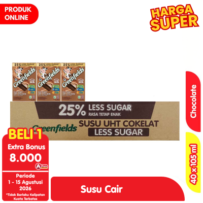 Promo Greenfields Susu UHT Less Sugar Cokelat Kotak 40 x 105 ml - Karton Alfamart