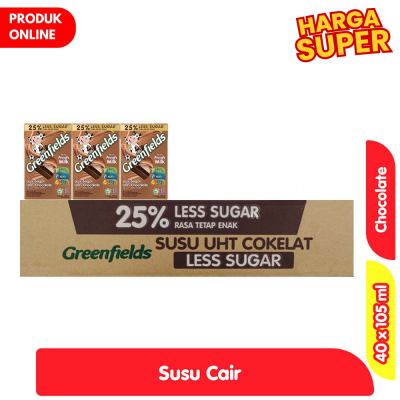 Promo Greenfields Susu UHT Less Sugar Cokelat Kotak 40 x 105 ml - Karton Alfamart