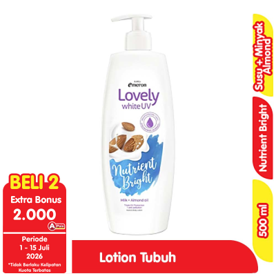 Promo Emeron Lovely White UV Lotion Pelembap Tubuh Nutrient Bright Milk + Almond Oil 500 ml Alfamart