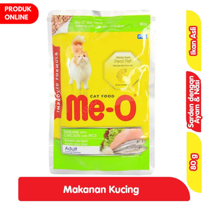 Promo Me-O Makanan Kucing Basah Adult Rasa Sarden, Ayam, dan Nasi Pouch 80 g Alfamart