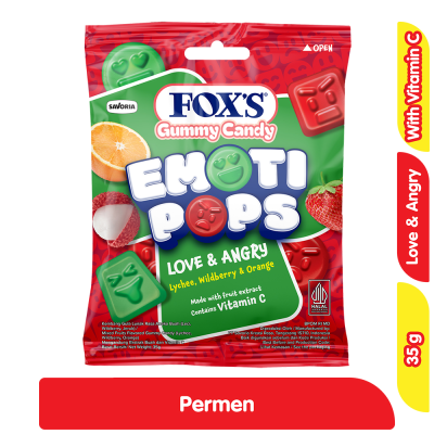 Promo Fox's Permen Gummy Emoti Pops Love & Angry 35 g Alfamart