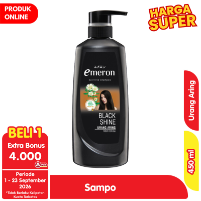 Promo Emeron Sampo Hitam Berkilau Urang Aring Pump 450 ml Alfamart