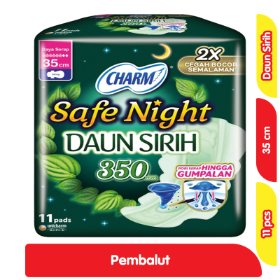 Promo Charm Safe Night Daun Sirih Pembalut Wing Malam 35 cm 11 pcs Alfamart