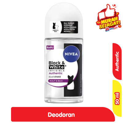Promo Nivea Black & White Invisible Authentic Deodoran Roll On 50 ml Alfamart