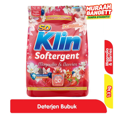 Promo So Klin Softergent Detergen Bubuk + Pelembut Pakaian Magnolia Berries 1.3 kg Alfamart